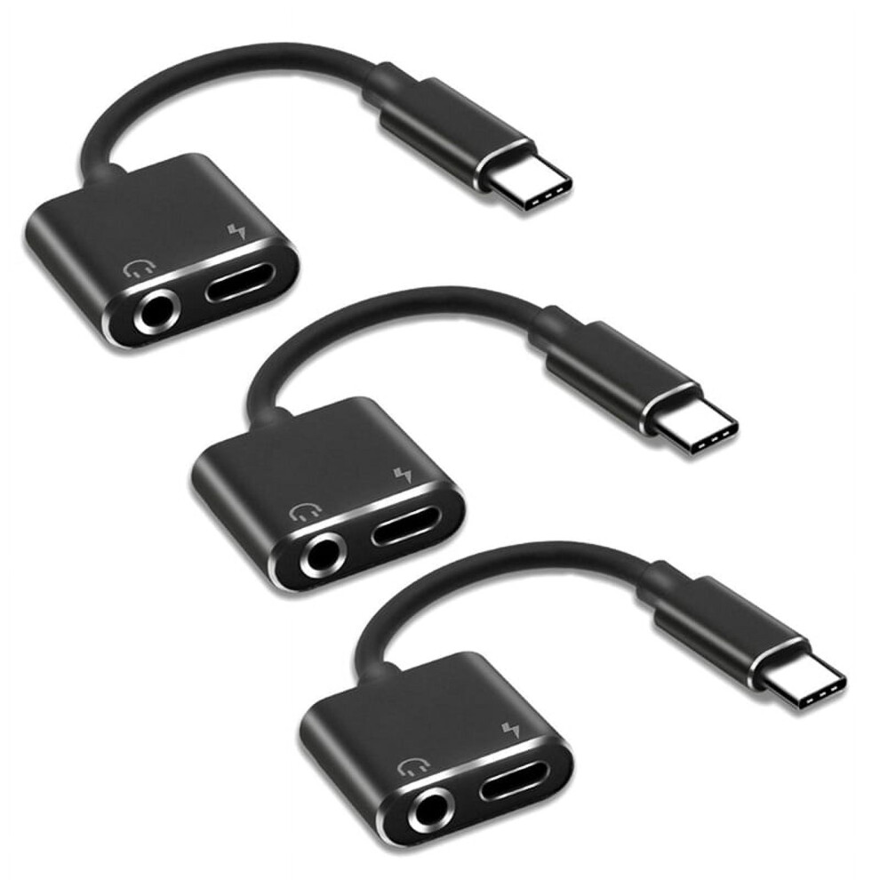 3X 2 In1 Type-C To 3.5Mm Headphone Jack Adaptor/Connector Charger, Earphone Aux Audio & Charge Adaptor Black 9083649979655