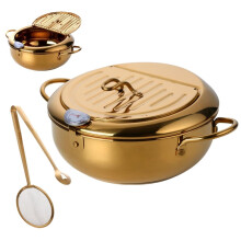 Stainless Steel Deep Fryer Pot 115Oz with Thermometer, Oil Drip Rack Lid and Strainer Clip for Tempura, Fish and Chicken