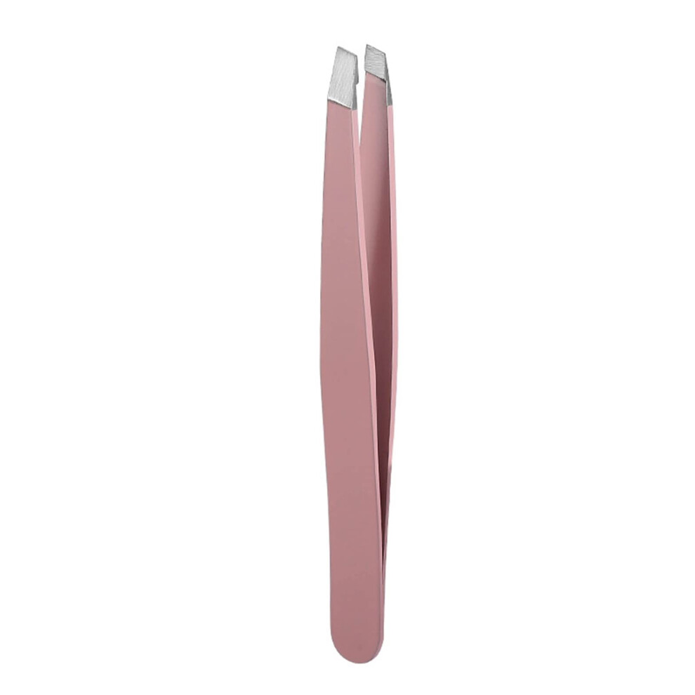 Pink Eyebrow Tweezers Stainless Steel Slant Tip Precision Hair Removal With Nonslip Grip
