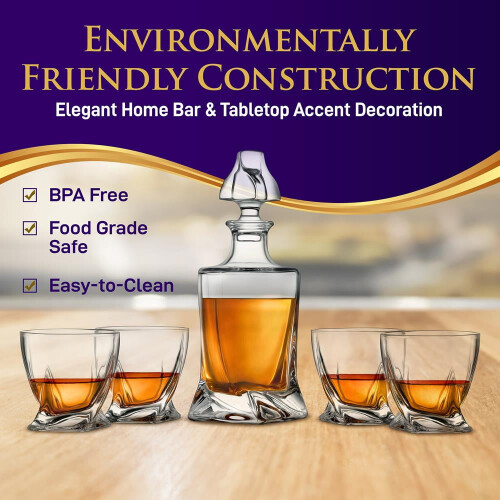 NutriChef Home Bar Whiskey Decanter, Σετ αερισμού από γυαλί ουίσκι με τέσσερα ποτήρια ουίσκι των 2