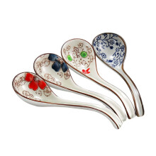 4-teiliges Set asiatischer Retro-Reislöffel aus chinesischer Keramik mit gebogenem Griff, Ramen-Suppenlöffel, bemalte Blumenlöffel mit langem Stiel