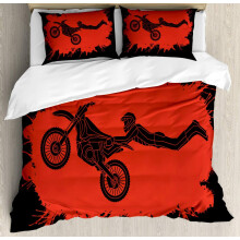 Extreme Sports Duvet Cover Set, Freestyle Motocross Illustration with Color Splashes, 3-Piece Bedding (2 Pillowcases), Vermilion Black