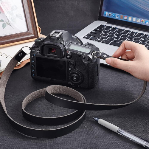 Alça de pescoço de couro PU preto de 55 polegadas para câmeras mirrorless e digitais, compatível com encaixe de ferro, alça de ombro fina para 2