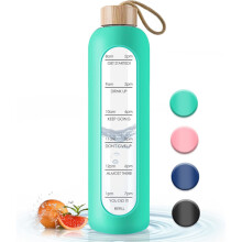 Bouteille d'eau en verre de 1000 ml avec couvercle en bambou, indicateur de temps et housse en silicone, idéale pour le fitness, la salle de sport