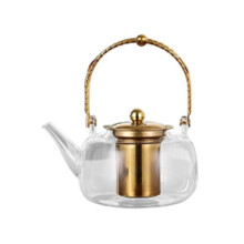 Théière en verre épais, théière transparente avec filtre, théière chauffante pour la maison, théière à fleurs dorée