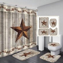 Ensemble de 4 pièces rideau de douche et tapis de bain Western Texas Star, décor rustique imperméable avec motif de planches de bois, tapis de