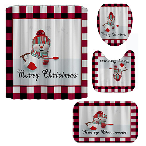 Χριστουγεννιάτικο Σετ Μπάνιου: Κουρτίνα & Χαλί, Τύπωμα Χιονάνθρωπου, Αδιάβροχο με 1