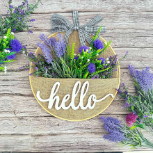 Guirlanda de lavanda roxa de 30 cm para porta de entrada, guirlanda de flores artificiais com bolso e placa "Olá", decoração para parede ou