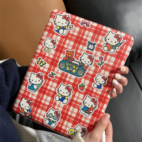 Χαριτωμένο κόκκινο καρό Hello Kitty KT για προστατευτικό κάλυμμα συμβατό με iPad