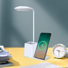 Lampă de birou elegantă cu încărcare wireless, încărcător rapid de 15W, suport pentru pix și lumină prietenoasă cu ochii, compatibilă cu