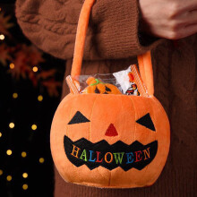 Halloween vödör gyerekeknek, puha, bolyhos, édes halloweeni vödör fogantyúval, mosolygós tök parti ajándékok, dekorációk és kellékek