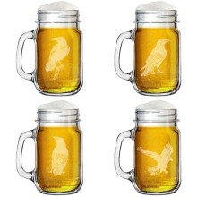 16oz Mason Jar Glass Mug w/Handle Gift Set of 4 Crow Raven Collection