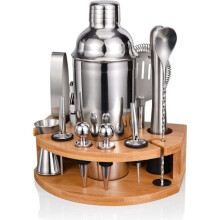 Coffret à cocktails 12 pièces, équipement de barman professionnel avec élégant support en bambou, outils de bar en acier inoxydable pour