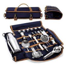 Sacoche de barman créative en toile, kit d'outils de barman comprenant un shaker à cocktails et un sac de rangement bleu foncé uniquement.