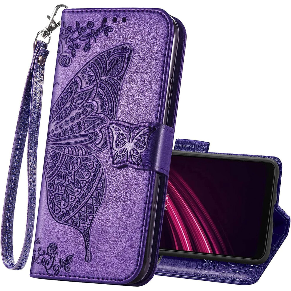 Wallet Case For T-Mobile Revvl 6 5G - Pu Leather Flip Case With Wrist Strap, Card Slots, Butterfly Emboss Design 9149926292067