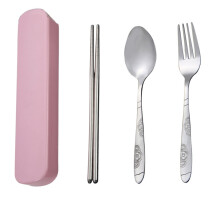 Hariumiu Tableware Stainless Steel Travel Camping Cutlery Fork Spoon Chopstick with Box-Pink