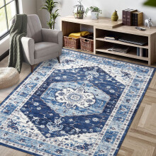 Haperlare Vintage Floral Area Rug 4'x6' Blue - Faux Wool, Non-Slip, Boho Persian Carpet for Living Room, Bedrooms - Compatible with traditional decor