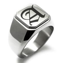 Anillo de sello pulido estilo motero con inicial A en acero inoxidable Tioneer, grabado con monograma inglés antiguo, parte superior plana cuadrada.