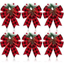 Christmas Tree Bows with Pine Cones Velvet Sage Green and Black Red Ribbon for Wreath Party Decor 12 Pcs
