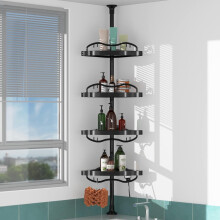 Douchecaddy met spanstang, 54-114 inch (137-297 cm), roestvrije hoekorganizer, 4 verstelbare kunststof planken voor in bad, snelle installatie zonder