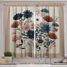 Ambesonne Rustic Kitchen Curtains, Modern Botanical Wild Floral, 55"x30", Warm Taupe Dark Blue Ruby