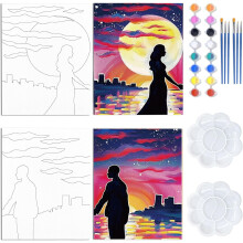 2 Pack Pre Drawn Canvas Couples Paint Party Kits, 8x10 Inch (20x25cm), Sip and Paint Kit for Adults, Date Night, Valentine's Day Gift, Art Painting