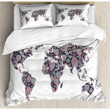 Floral World Map Duvet Cover Set, Paisley Leaves Ornamental Eastern Style Old Fashioned Design with 2 Pillowcases, Plum Coral Turquoise