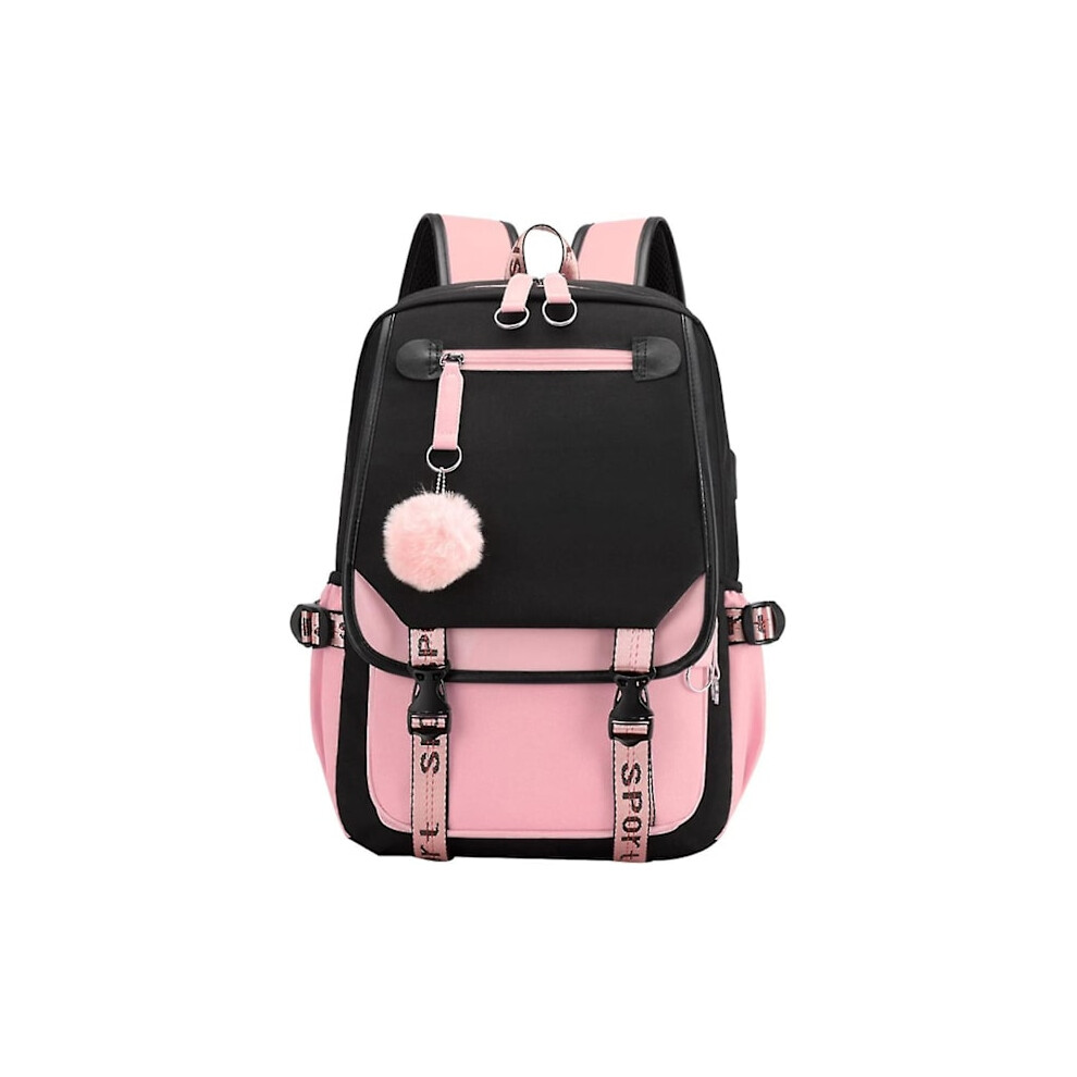 Girls School Student Backpack Outdoor Backpack with USB Charging Port, Black Pink, Backpack Rucksack [L]