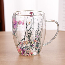 Tasse à thé/café en verre borosilicate résistant à la chaleur, avec poignée, motif floral, fleurs séchées, tasse à expresso/lait, double