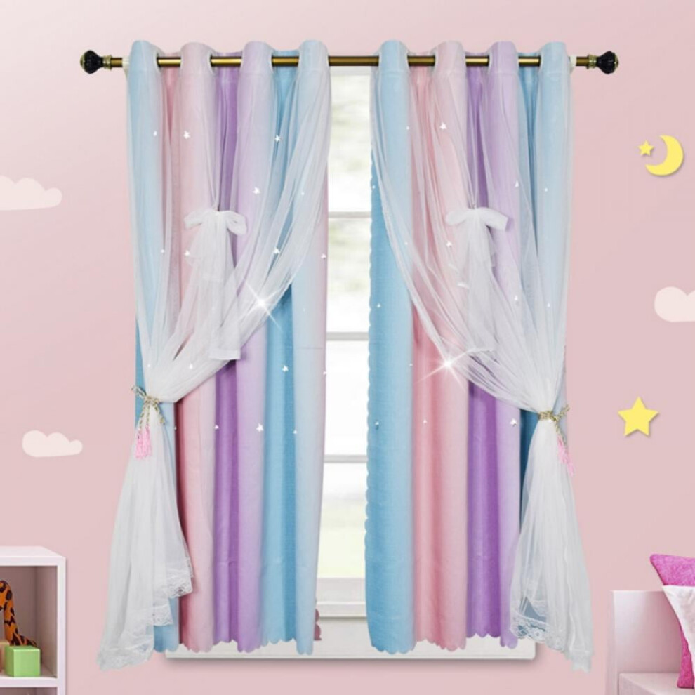 Prettyui 1Pcs Children's Room Curtains Gradient Rainbow Net Double Hollow Star Curtain Red
