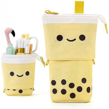 Trousse à crayons mignonne avec porte-stylos sur pied, trousse de maquillage télescopique, sac cosmétique pop-up avec motif kawaii souriant,