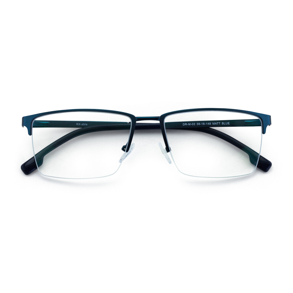 Men Premium Optical Frame Wide Large Head Reading Glasses Half Rim Metal - Clear Lens Reader DRM03 145MM Blue +2.50