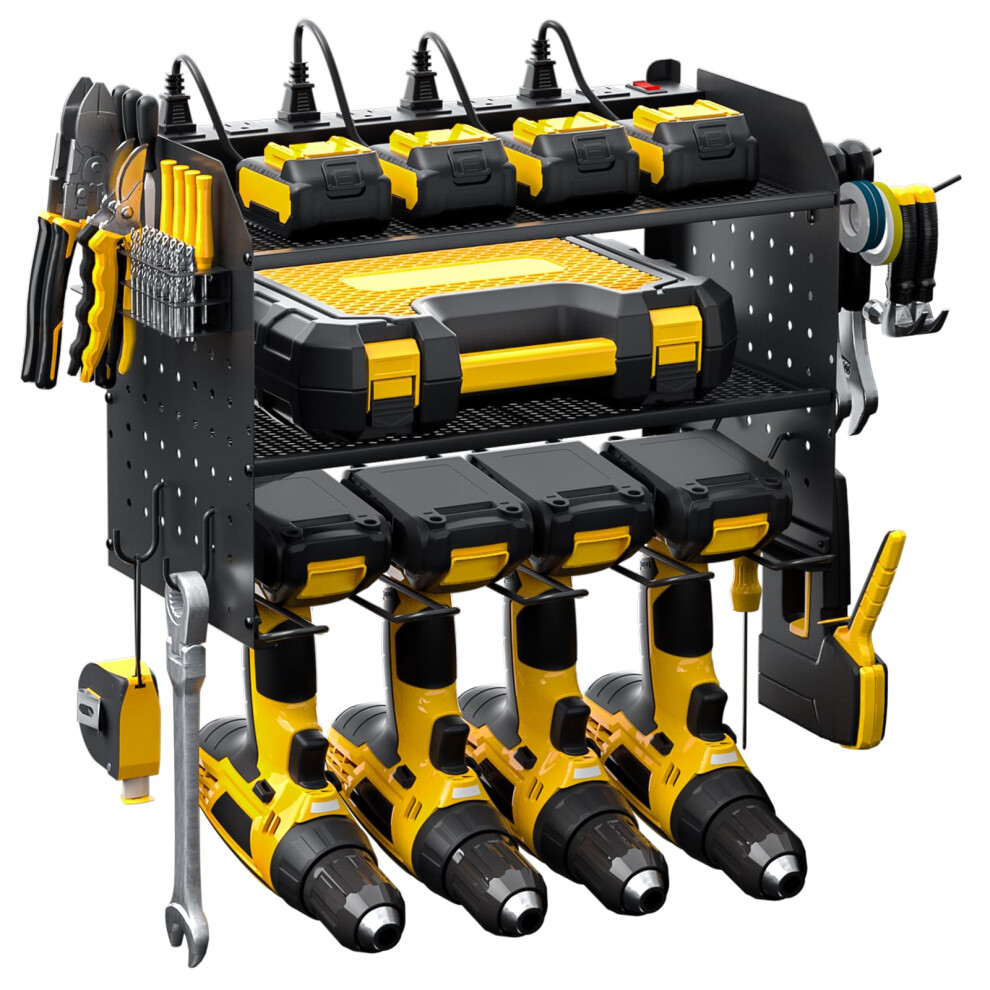 Power Tool Organizer With Charging Station, 4Layer Drill Storage Rack With 8Outlet Power Strip And Hooks For Garage 9164114655431