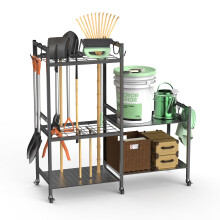 Garden Tool Organizer with Wheels, Metal Storage Rack Holds 35 Long Tools, 2Tier Shelves for Garage