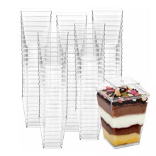 Mini copos trapezoidais para degustação, copos de sobremesa de plástico transparente com tampas elegantes para armazenamento fresco, copos para