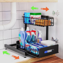 2-Tier Pull Out Under Sink Organizer, Adjustable L-Shape Cabinet Storage Basket for Kitchen & Bathroom, Slide Out Shelf Compatible with Standard
