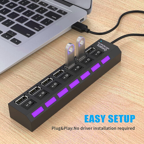 Lifetechs 7-Port USB2.0 Hub, Διαχωριστής υψηλής ταχύτητας γενικής χρήσης με διακόπτη, Χωρίς