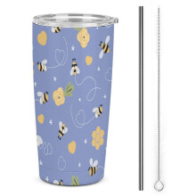 Bicchiere termico portatile in acciaio inossidabile con coperchio e motivo a ape e fiori, formato da 20 oz (590 ml), ideale per i viaggi.