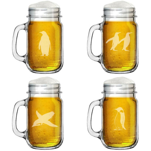 Κούπα 16oz με γυάλινο βάζο Mason με λαβή, σετ δώρου 4Penguin Collection
