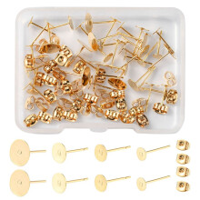 doos met 40 stuks, 4 maten, 304 roestvrijstalen oorstekers, platte ronde oorbelbevestigingen met 40 gouden oormoertjes, 4~8x0,3 mm, pin: 0,7 mm, 10