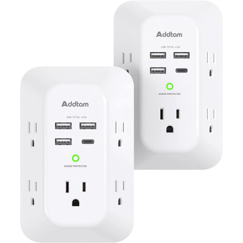 Φορτιστής τοίχου USB με 2 θήκες για προστασία από υπερτάσεις, επέκταση 5 εξόδων με 4