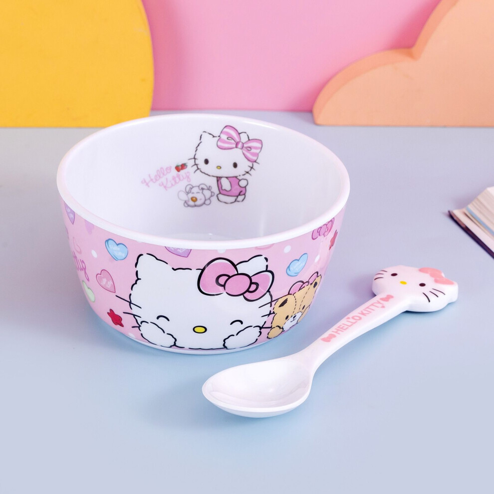 New Kitty Cat Bowl Children‘s Tableware Set Melamine Imitation Porcelain Bowl Anti-fall Anti-scalding Student Canteen Dormitory Bowl Spoon