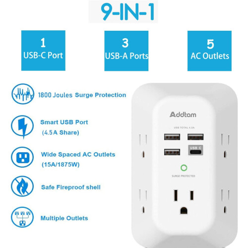 Φορτιστής τοίχου USB με 2 θήκες για προστασία από υπερτάσεις, επέκταση 5 εξόδων με 4 1