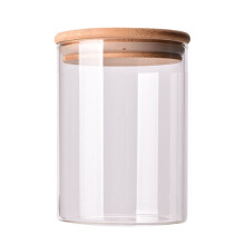 Bocal en verre transparent de 250 ml avec couvercle en bambou, idéal pour conserver thé en vrac, café en grains, sucre et sel. (6,5 x 10 cm)