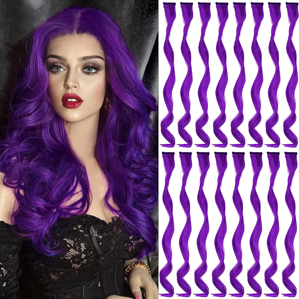 16 Pcs Colored Hair Extensions Curly Wavy Clip in Synthetic Hairpiece Streak for Girls Women Kid, Multi-colors Party Highlights (Purple)