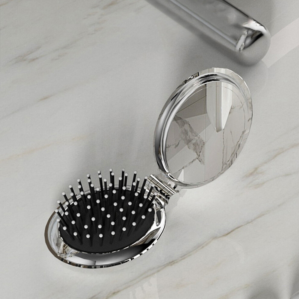 Foldable Travel Mirror Hair Brush, Round Portable Folding Pocket Comb for Men, Women, Girls, Compact Hair Massage Comb