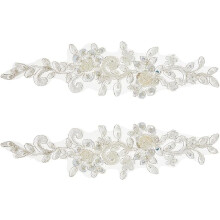2Pcs Rhinestones Lace Trim Patches, White Flower Embroidery with Sequins, Polyester Sew-on Applique for Bridal Wedding Costume DIY