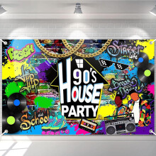 Fondo para fiesta en casa de los 90, grafiti hip hop, decoración para fiesta temática de los 90, pared de ladrillos con radio retro, pancarta para