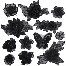 12Pcs Black 3D Floral Embroidery Applique Lace Patches with Beads, compatible with wedding dress & clothes decorating