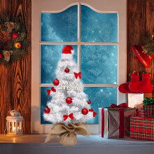 Mini 17.7" White Flocked Christmas Tree with Lights & Pendants, Desktop Xmas Decoration, Compatible with holiday ornaments